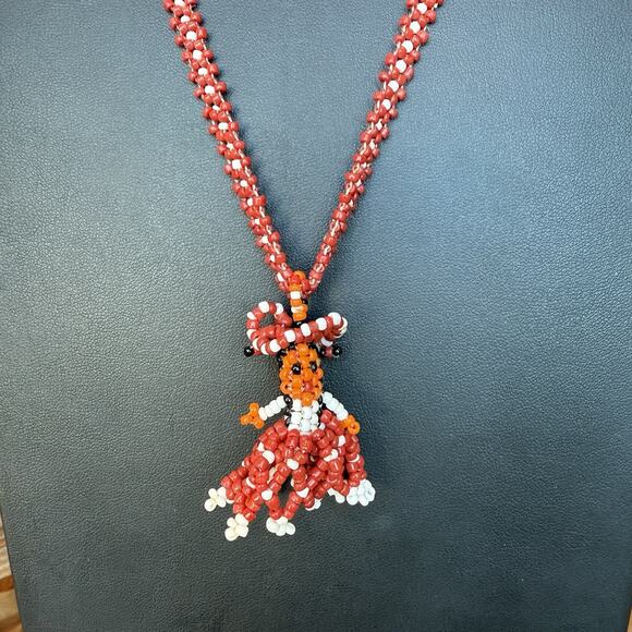 Artisan Jewelry - Vintage Mexican Pendant Necklace Red White Folk Art Beadwork Ethnic Jewelry 24"